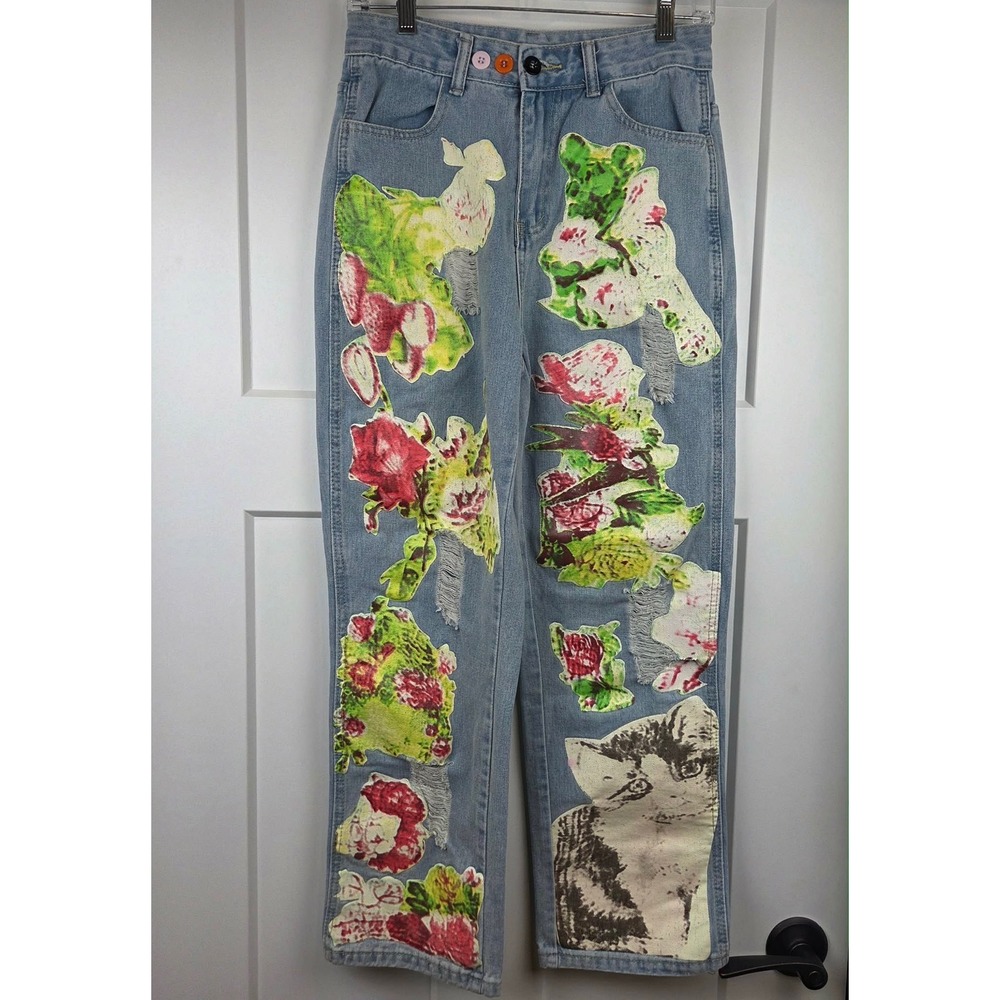 Ursime Elegant Floral Cat Ripped Denim Straight Leg Jeans Size‎ Small